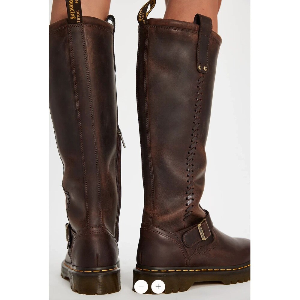 DR. MARTENS ANISTONE CRAZY HORSE BROWN KNEE HIGH LEATHER BIKER BOOTS $290 US 6 - Picture 2 of 11